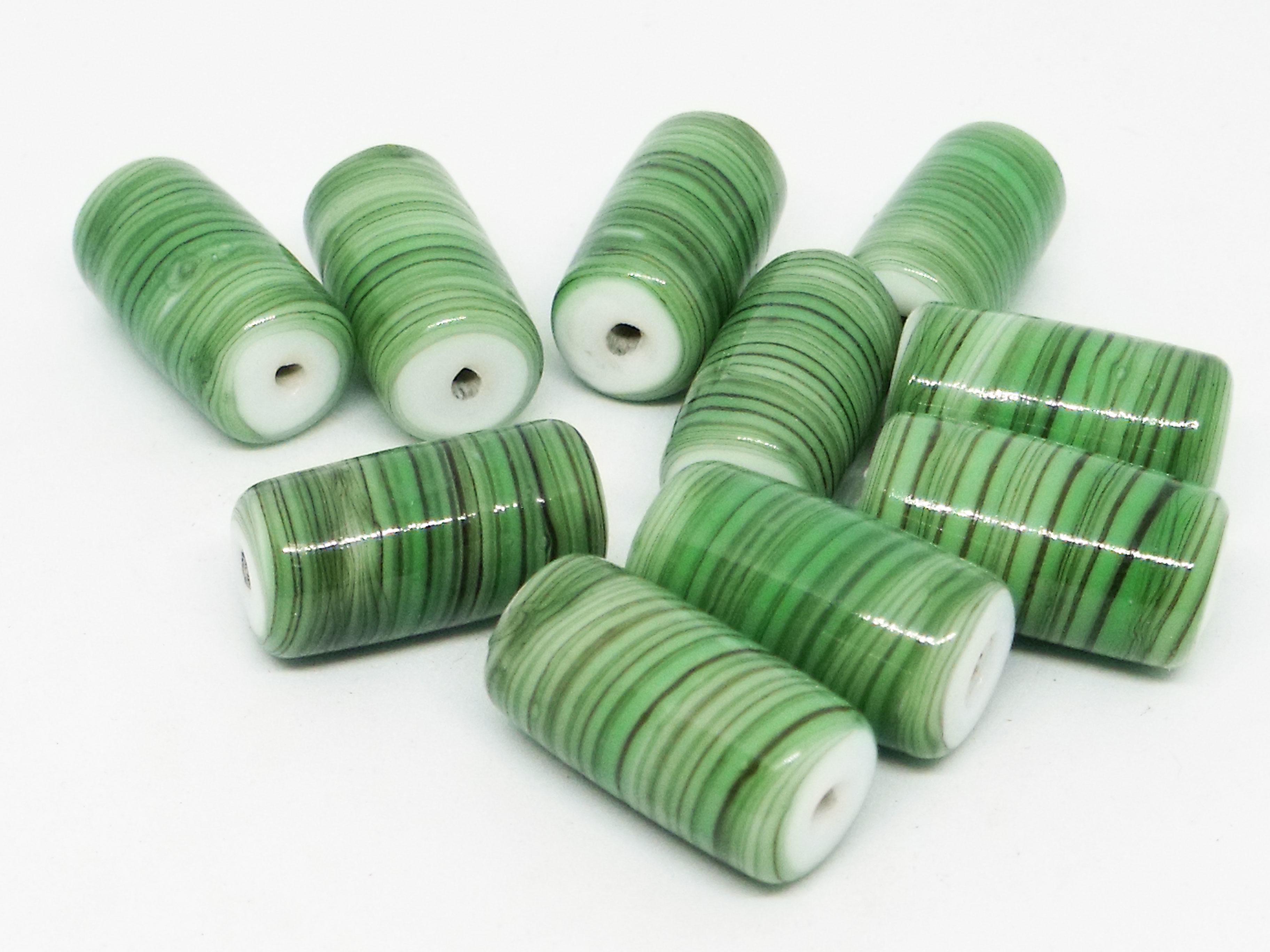 20x10mm Glass Tube Bead - White Base with Green and Black Stripes