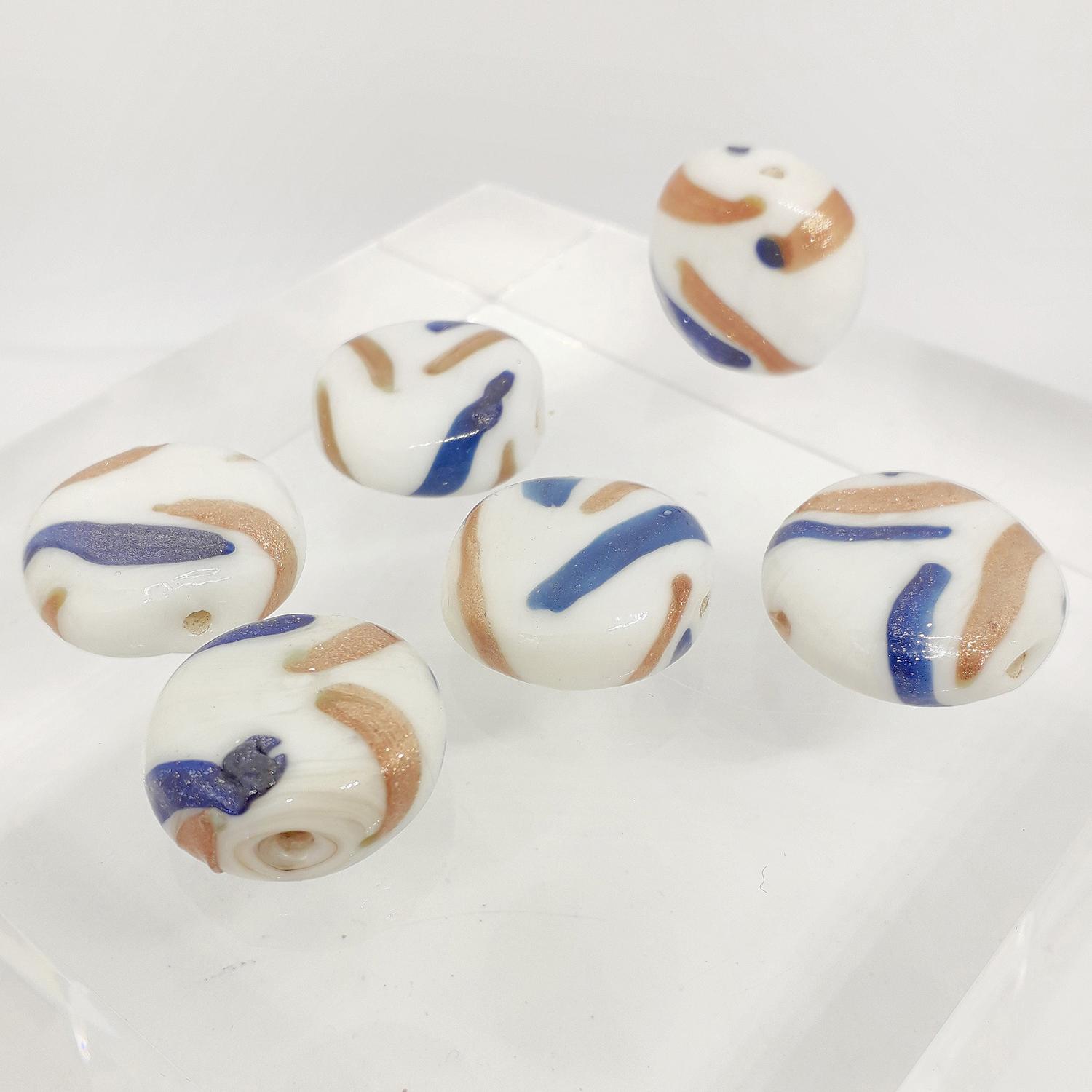 20mm White Glass Rounded Square Bead with Gold Shimmer and Navy Blue Stripes