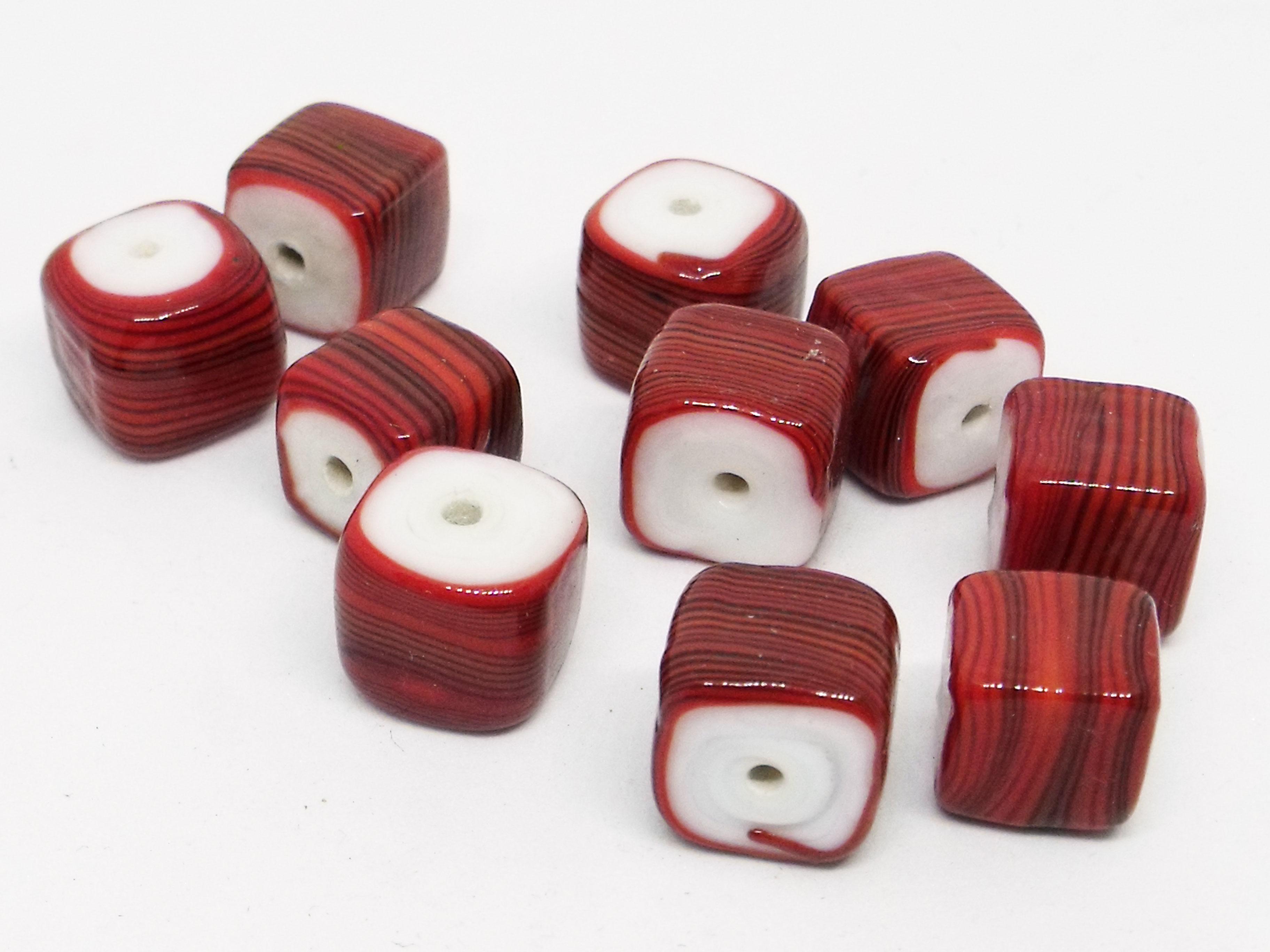 9x9mm Glass Cube Bead - White Base with Red and Black Stripes