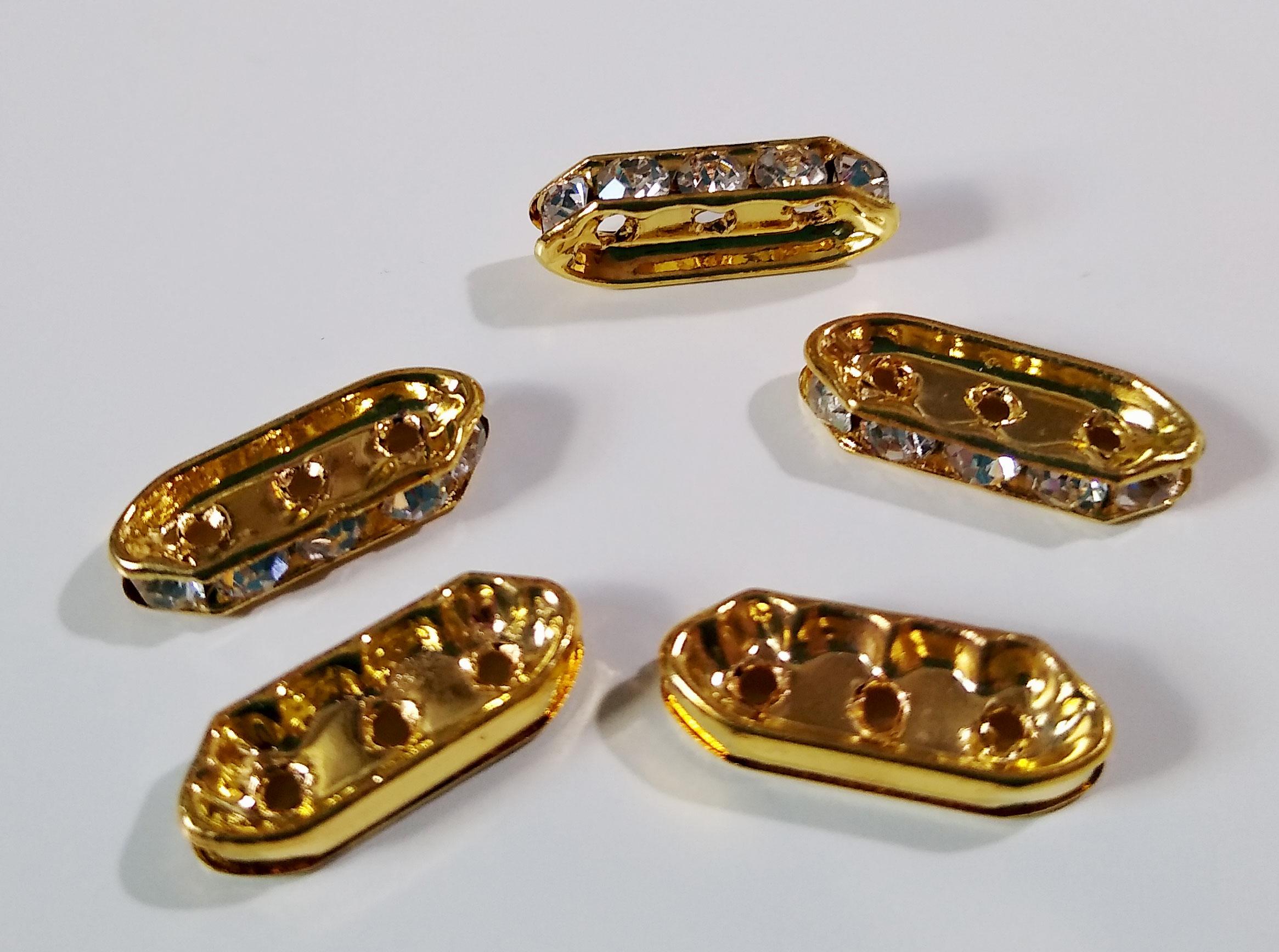 18mm 3 hole Spacer Bar - Gold Plated with Rhinestones