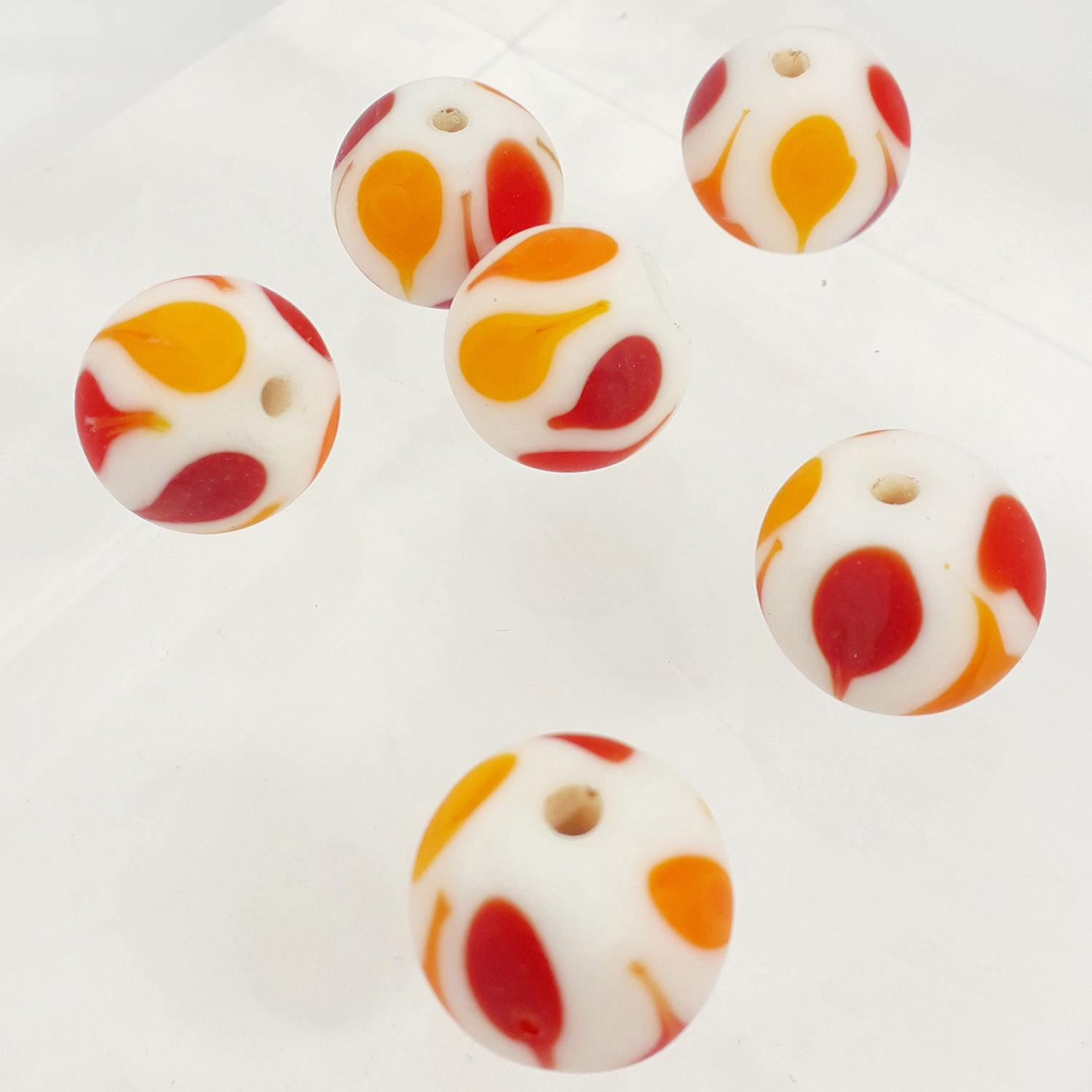 14mm Matte White Glass Round Bead with Matte Orange and Red Teardrops Design
