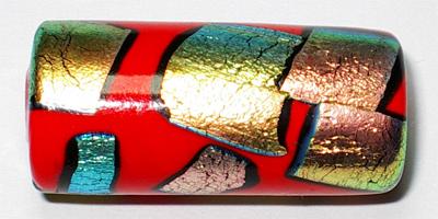 26x12mm Tube Glass Bead - Opaque Red with Dichroic Foil Pattern