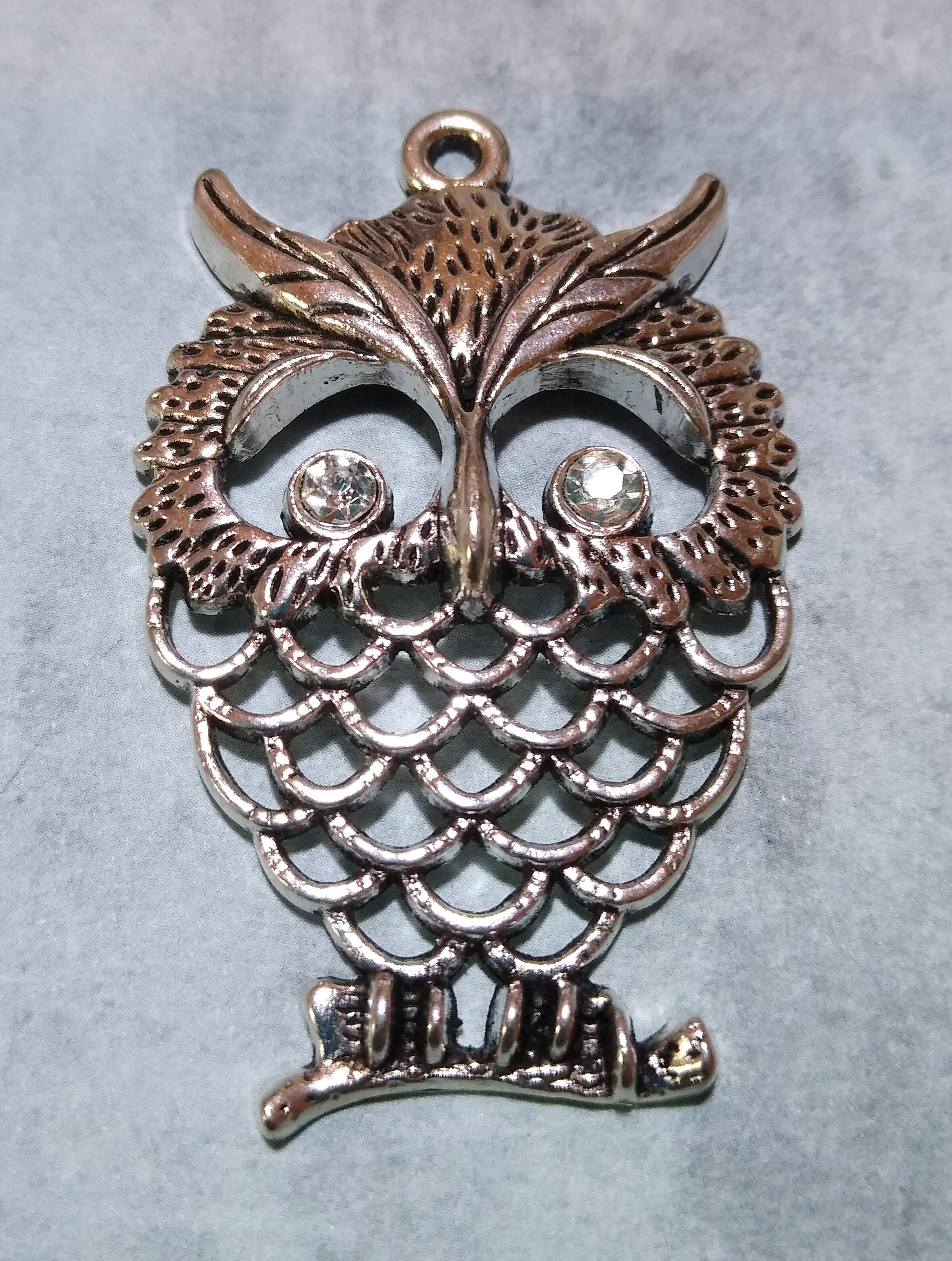 60mm x 45mm Owl Pendant Charm - Ant. Silver Plate