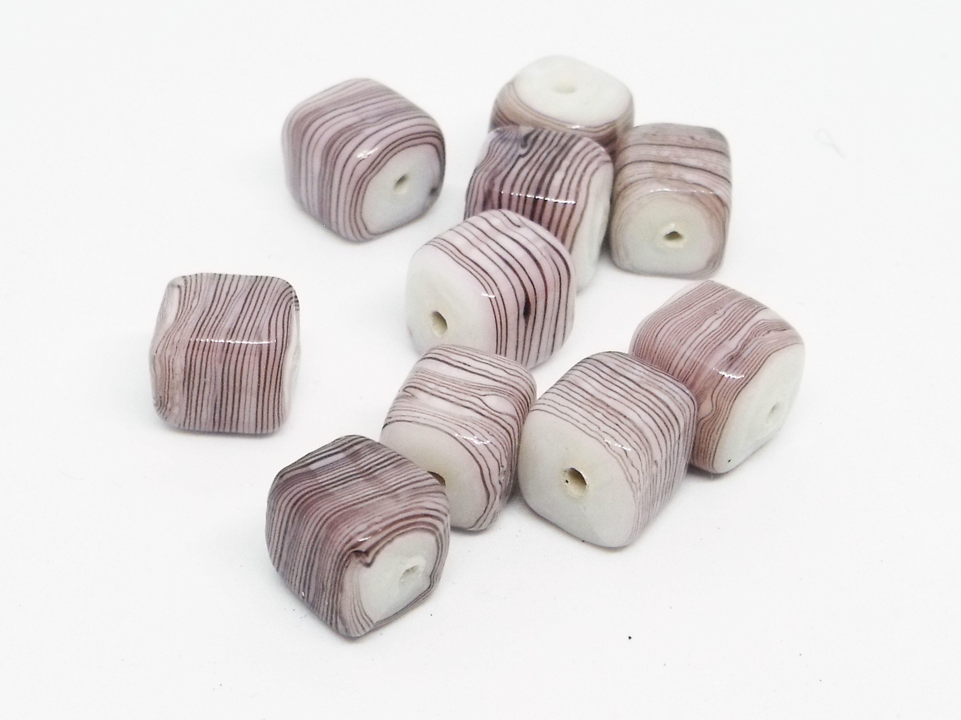 9x9mm Glass Cube Bead - White Base with Purple and Black Stripes