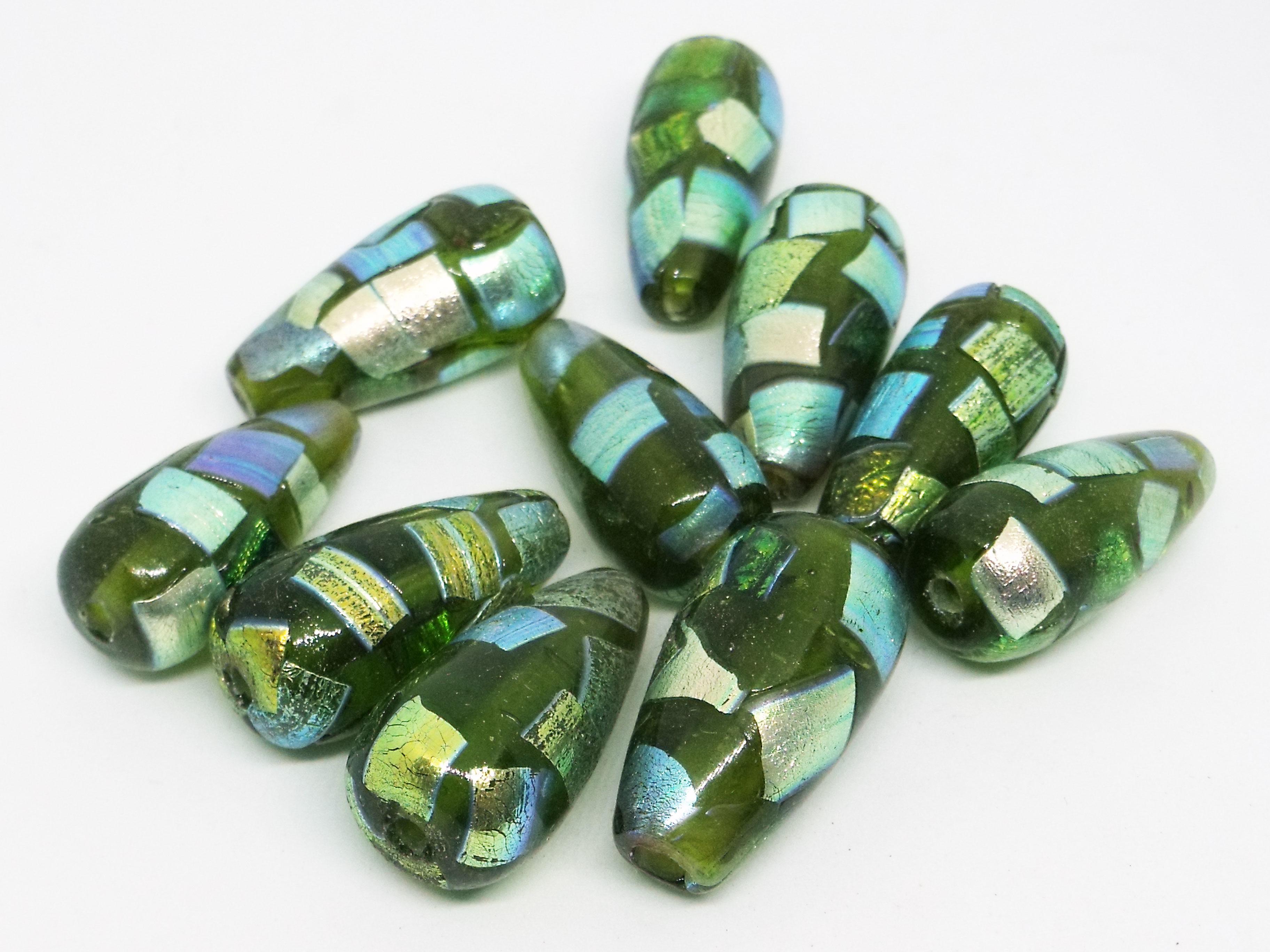 29x12mm Tapered Glass Teardrop Bead - Clear Green with Dichroic Foil Pattern