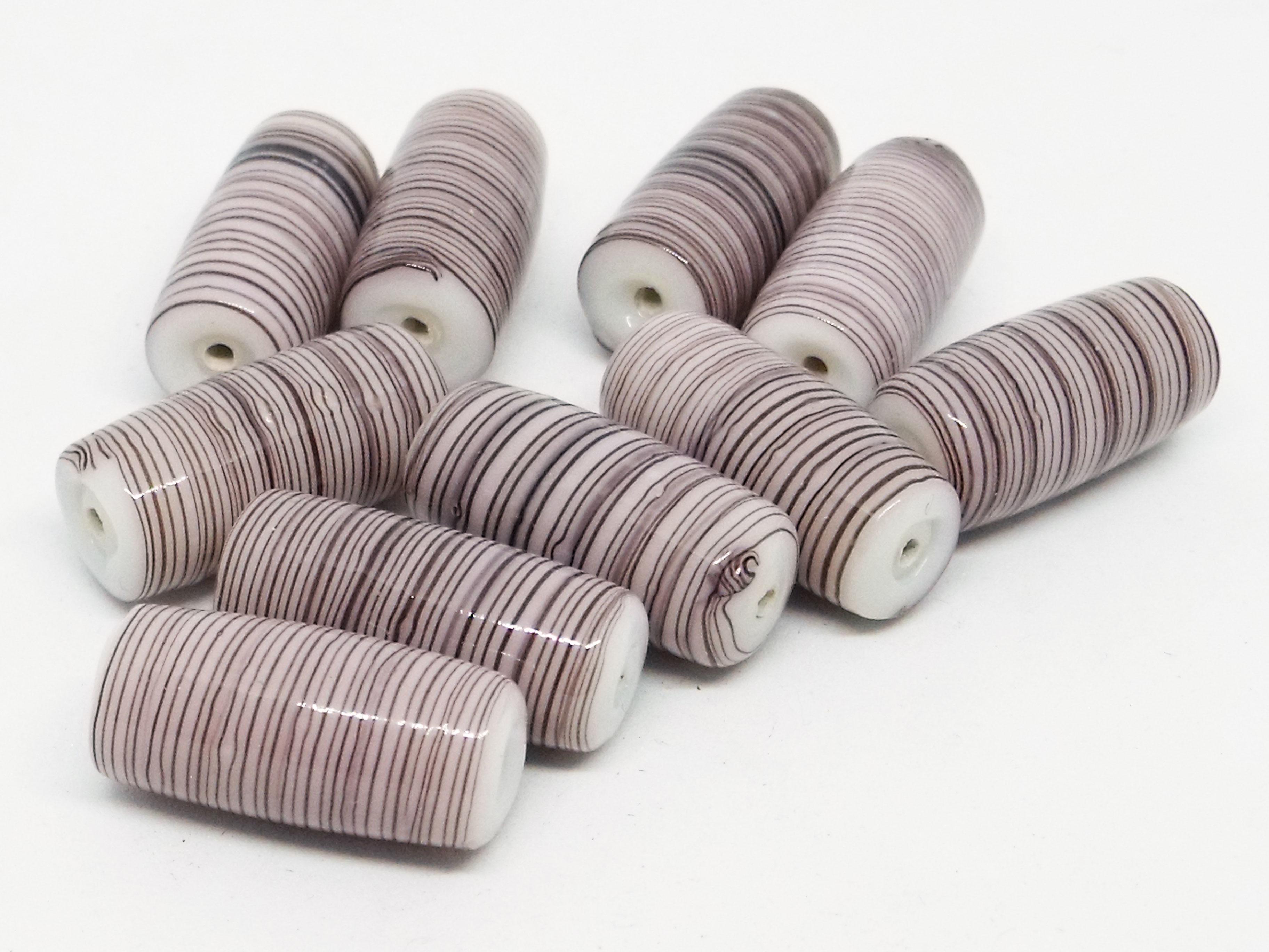 20x10mm Glass Tube Bead - White Base with Purple and Black Stripes