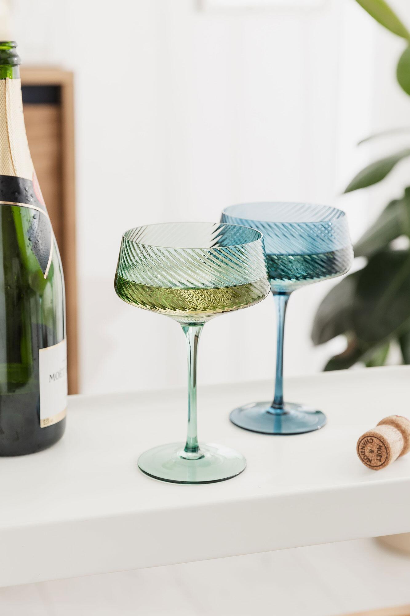 Coloured Glass Twist Champagne Glasses Blue Green