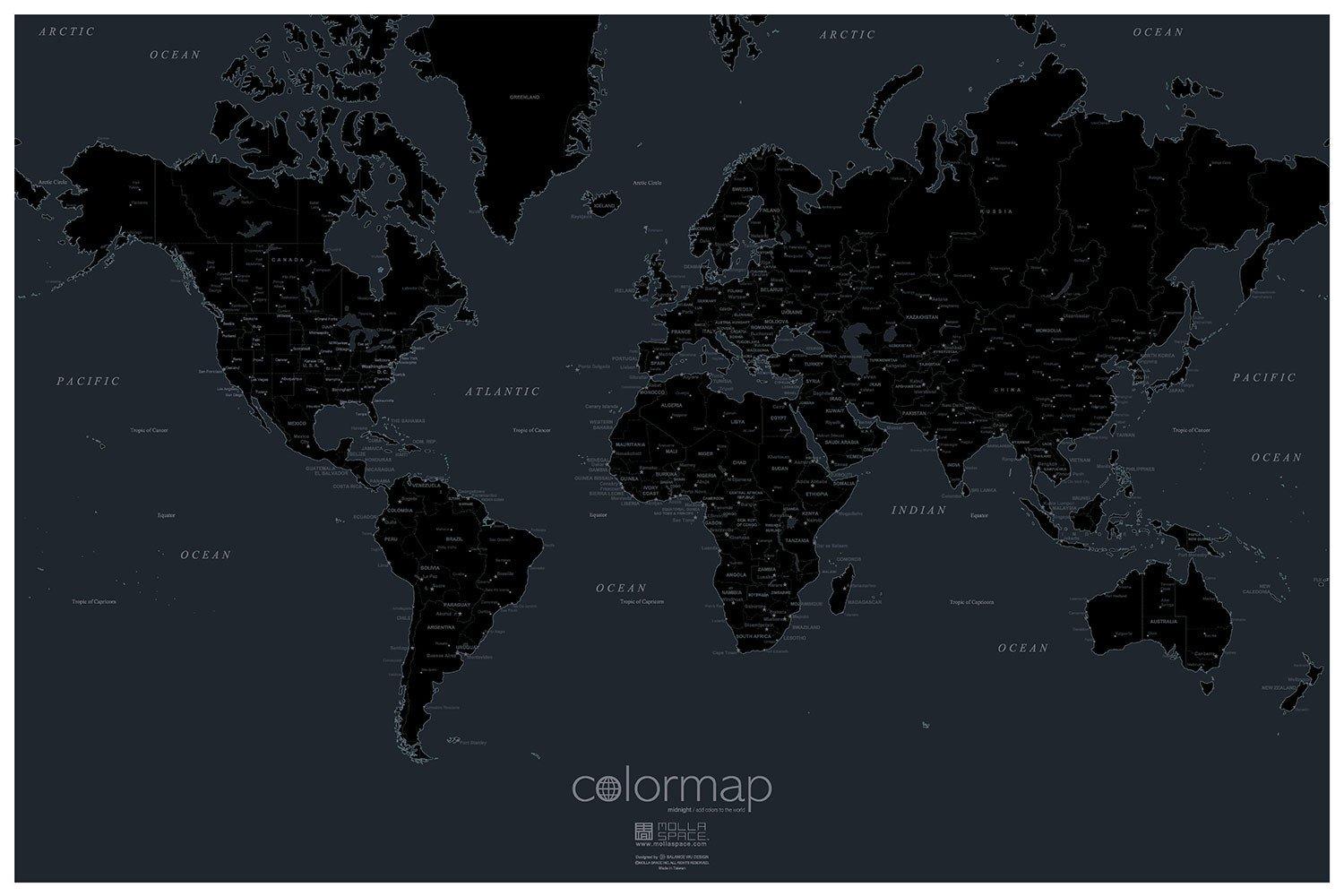 Colour Map - Designer World Maps | Midnight Black - Only £14.99
