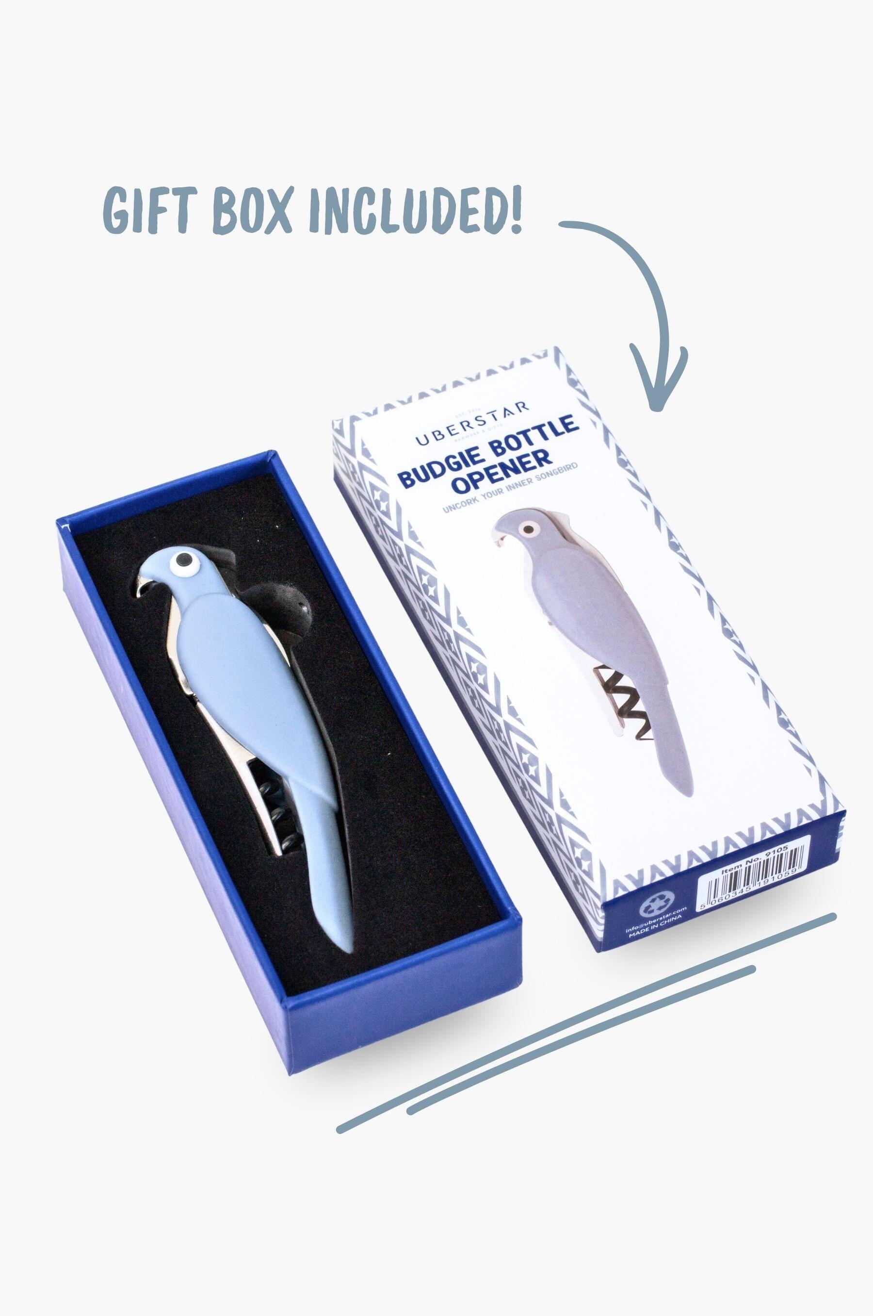 uberstar blue budgie bottle opener packaging