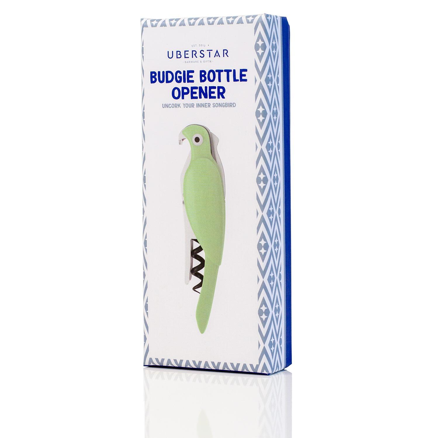 UBERSTAR Budgie Bottle Opener Corkscrew Waiters Friend Green