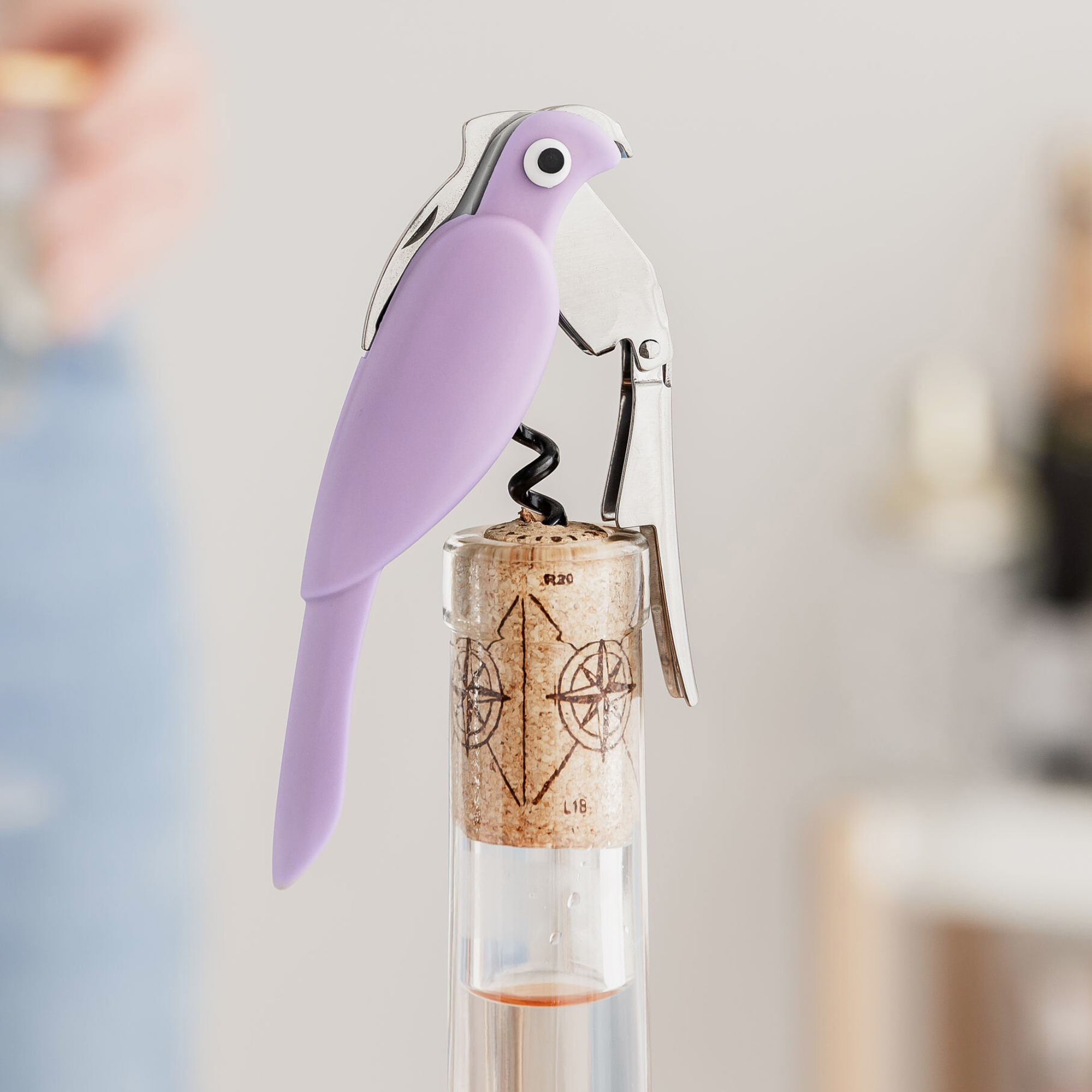 purple budgie parrot bird bottle opener corkscrew
