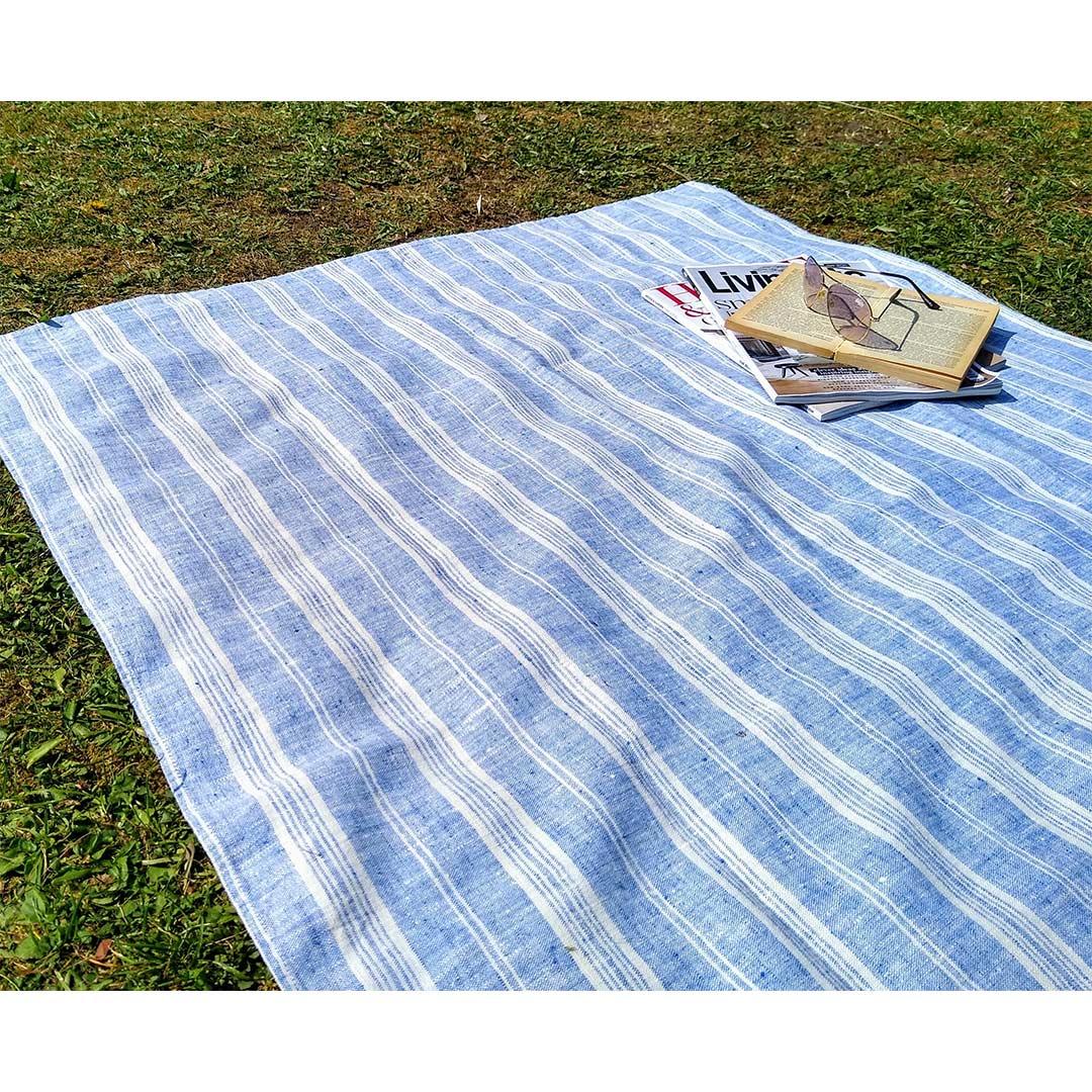 100% Linen Beach/Bath Towel -  Multistripe - Blue/White on grass