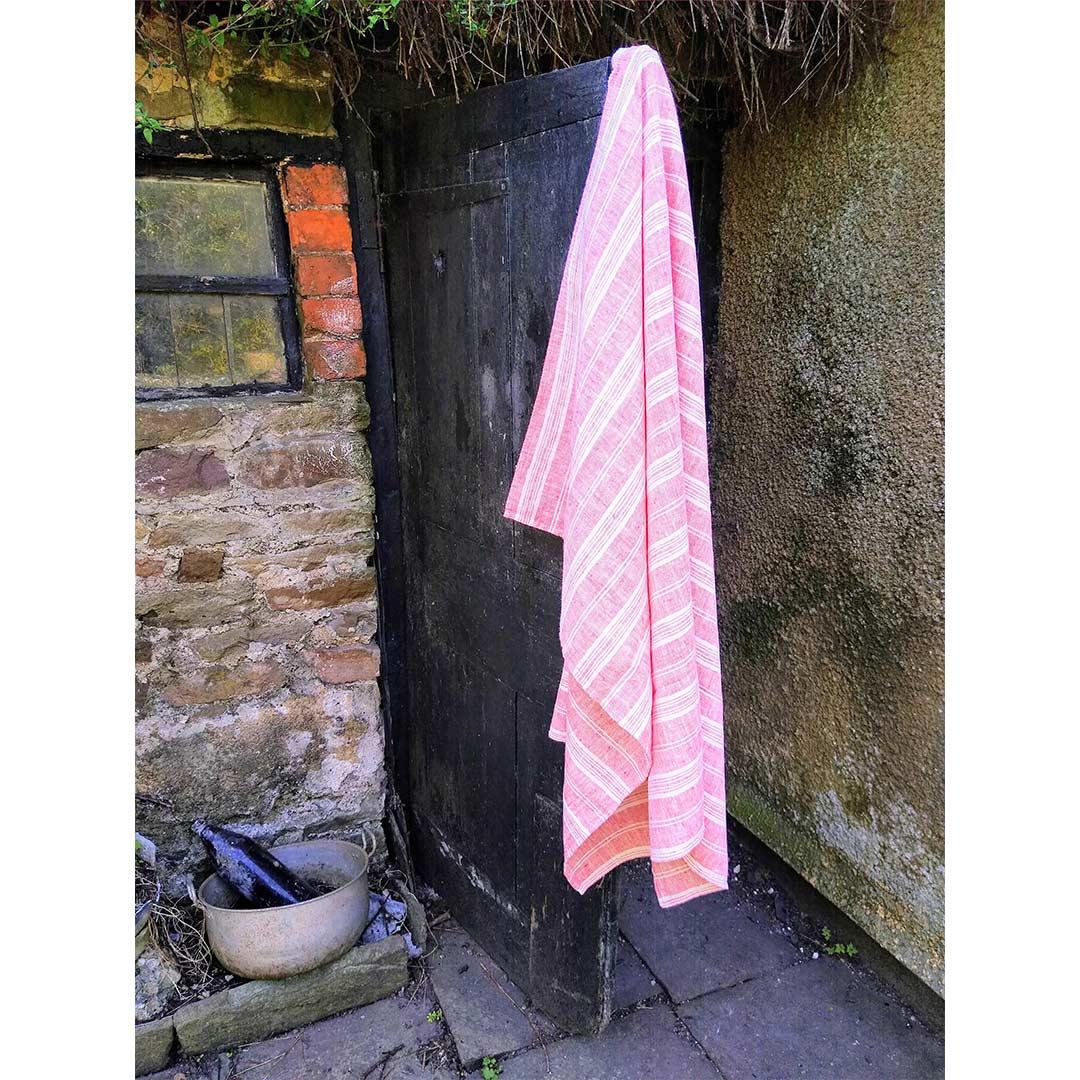 100% Linen Beach/Bath Towel -  Multistripe - Red/White hanging on door
