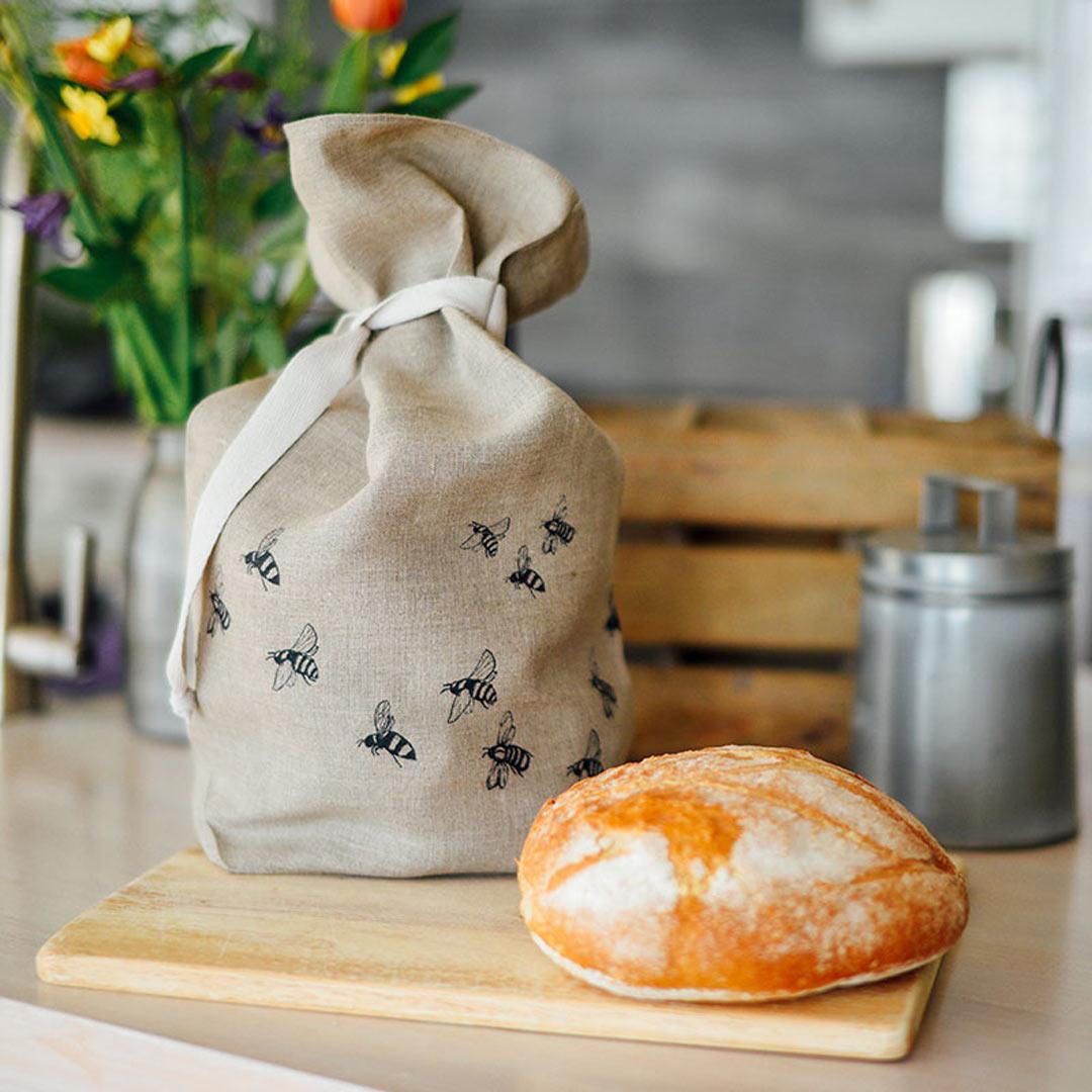 Hand Printed Linen Bread Bag - Honey Bee Collection