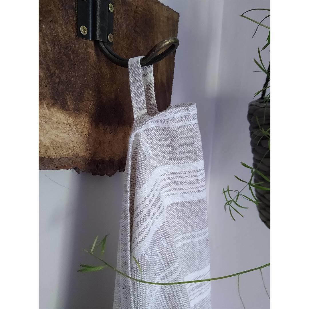 100% Linen Beach/Bath Towel -  Multistripe - Birch/White hanging in bathroom