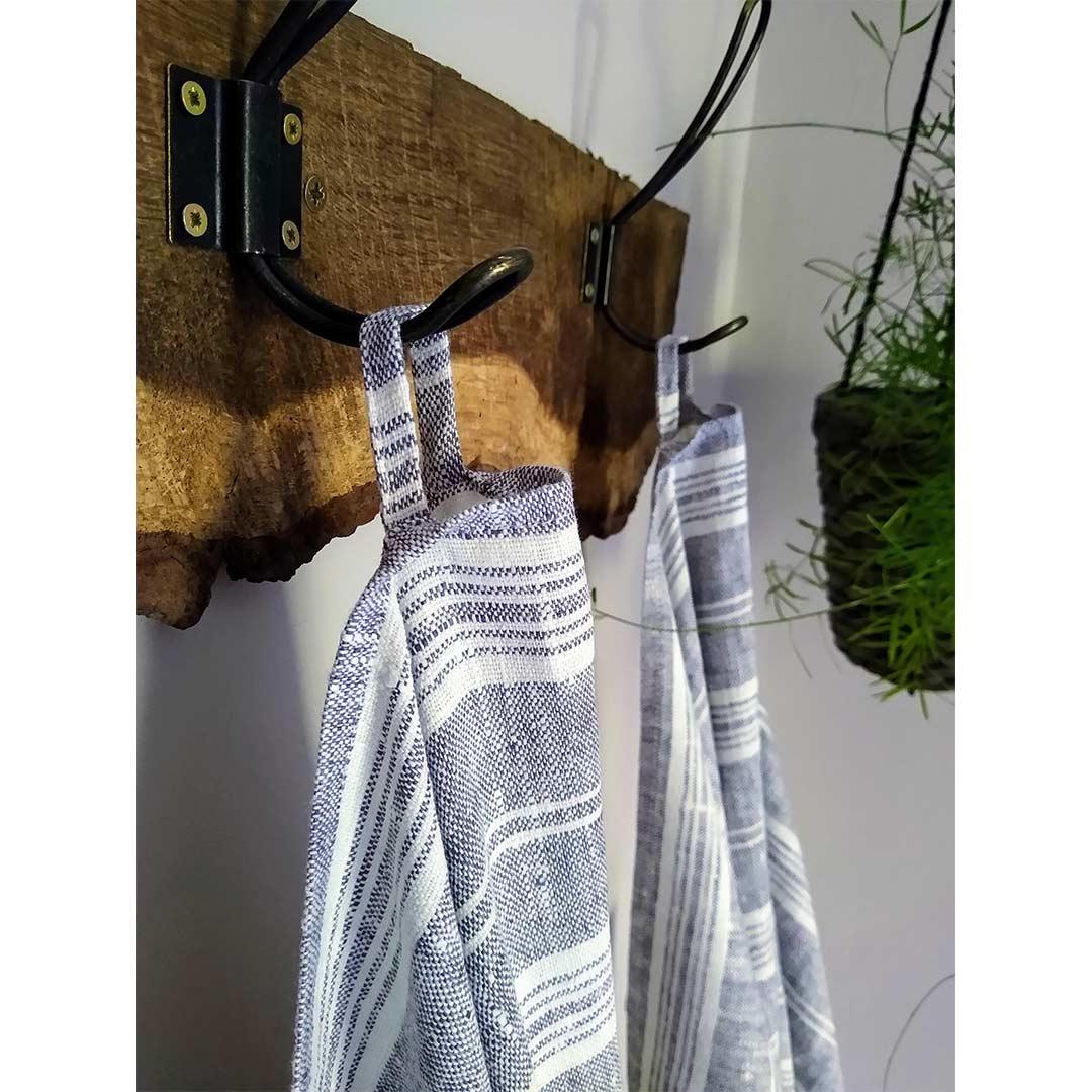 100% Linen Beach/Bath Towel -  Multistripe - Graphite/White hanging in bathroom