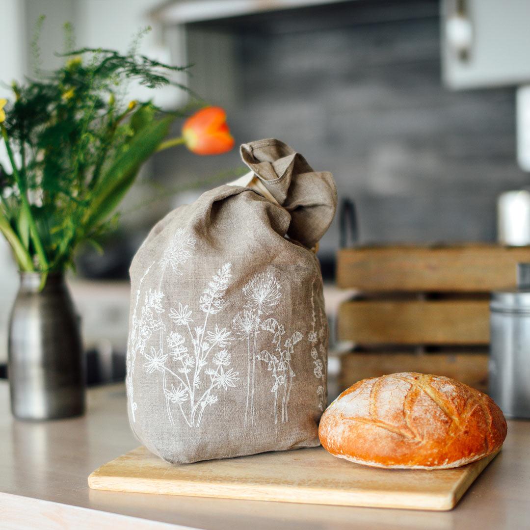 Hand Printed Linen Bread Bag - Garden Collection - natural