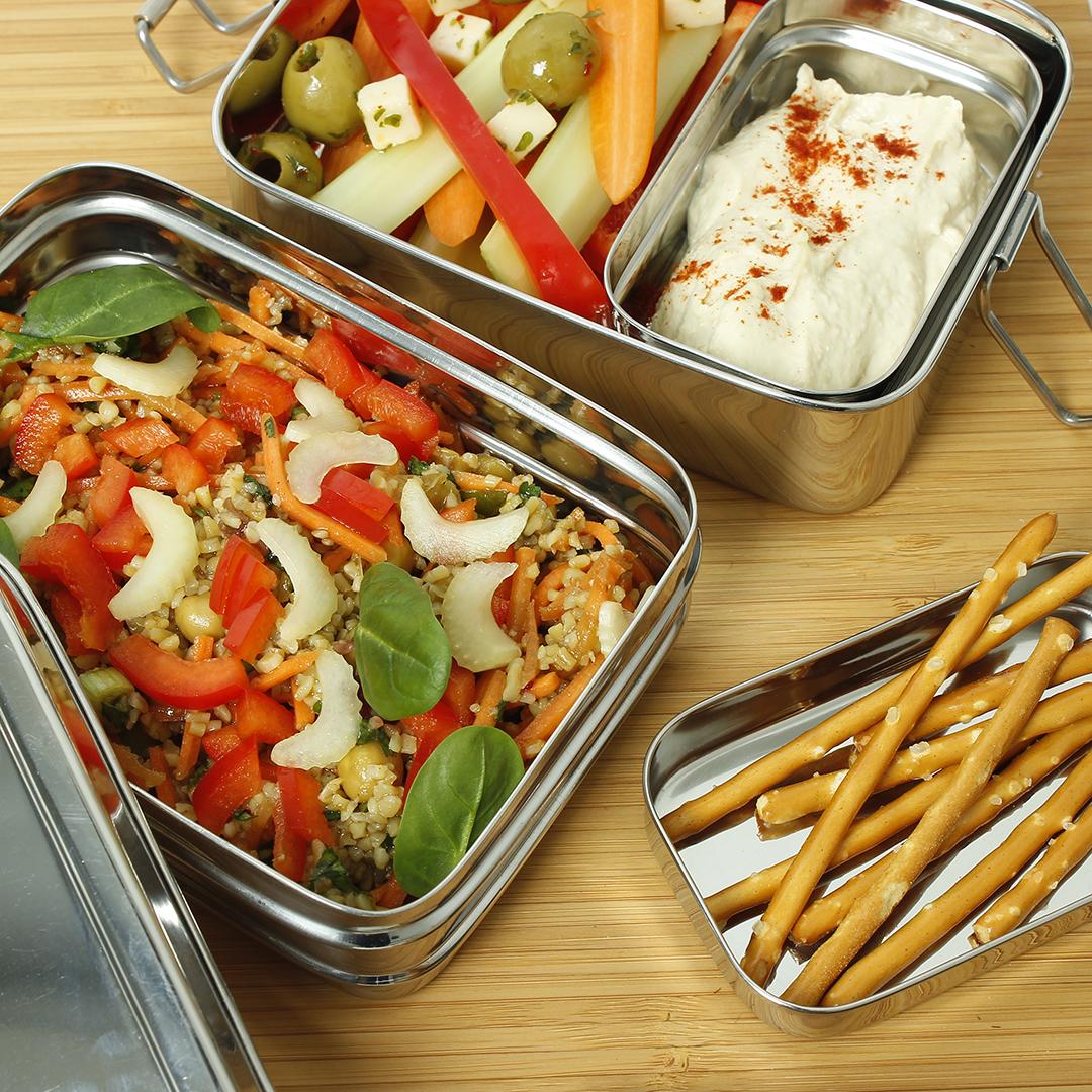 Two Tier Rectangle Stainless Steel Lunchbox with Mini Container (Panna) in use