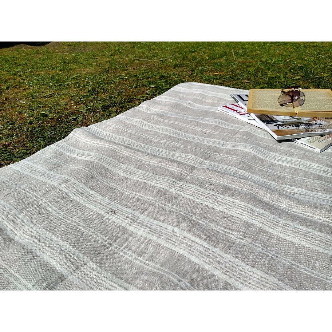 100% Linen Beach/Bath Towel -  Multistripe - Birch/White on grass