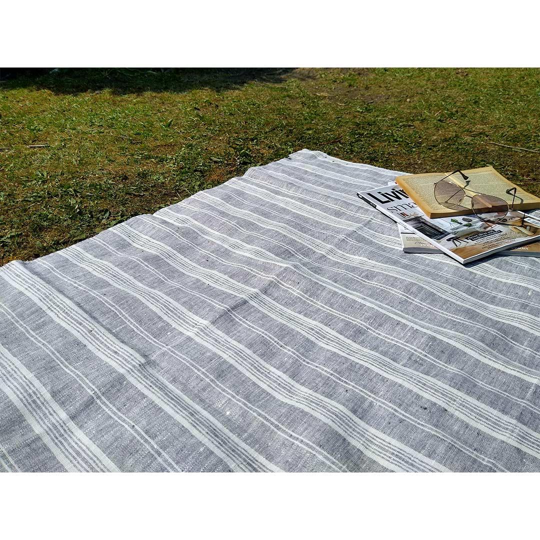 100% Linen Beach/Bath Towel -  Multistripe - Graphite/White on grass
