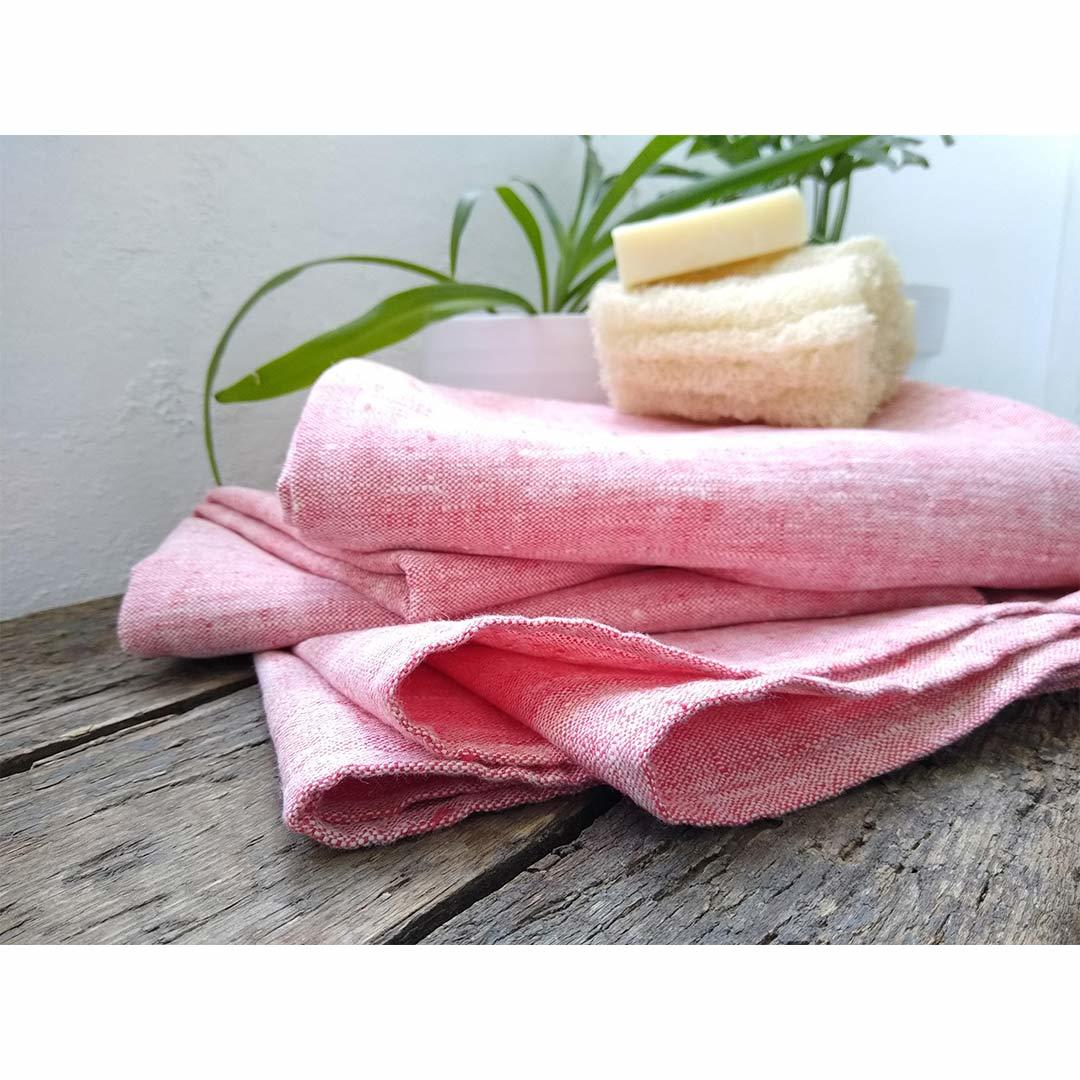 100% Linen Beach/Bath Towel - Francesca Red with body loofah