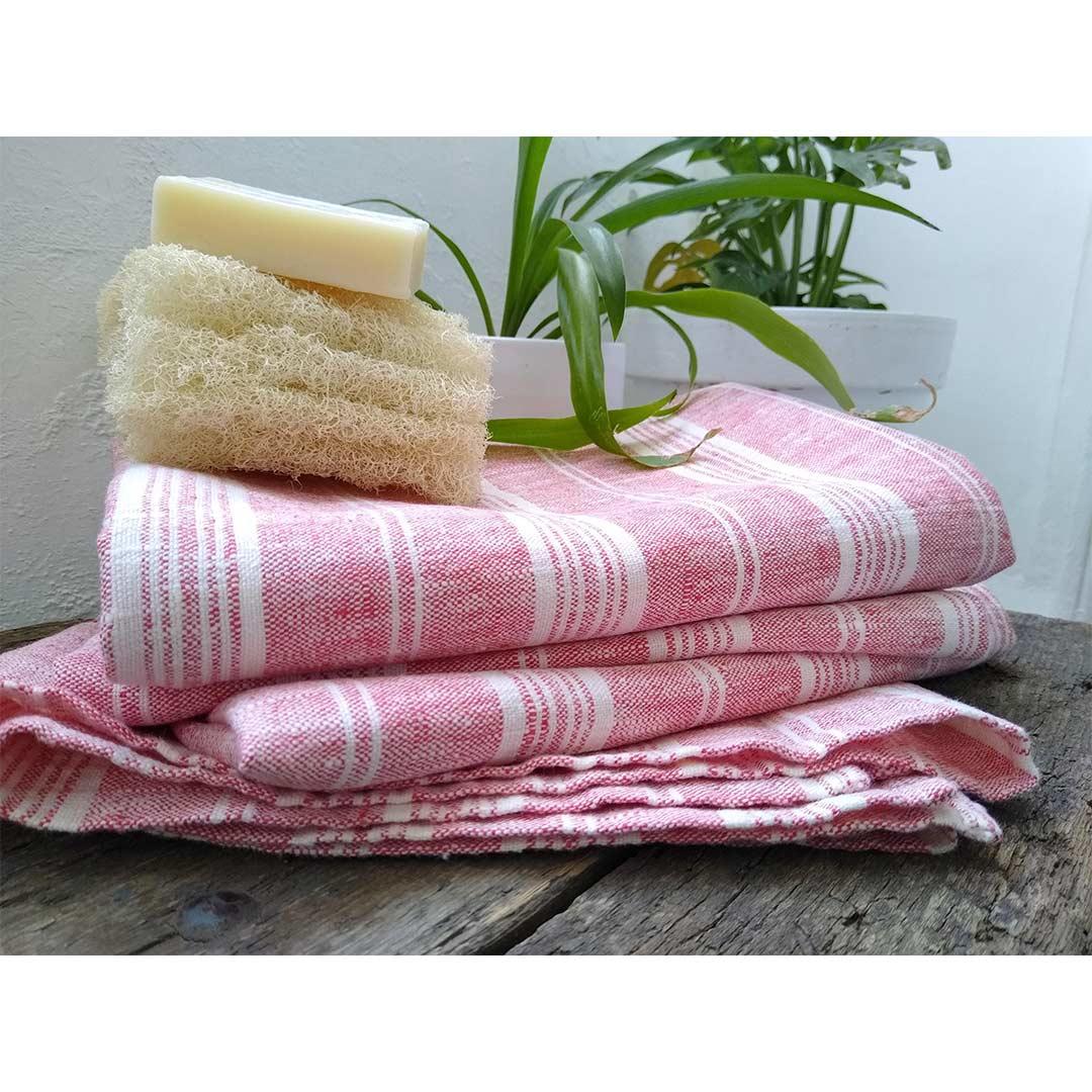 100% Linen Beach/Bath Towel -  Multistripe - Red/White with body loofah