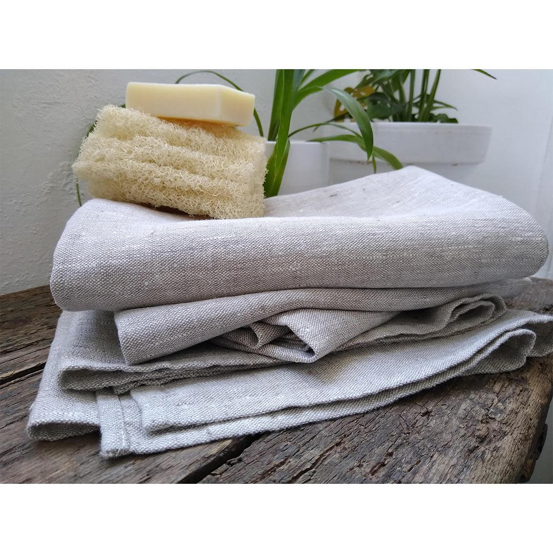 100% Linen Beach/Bath Towel - Francesca Birch with body loofah