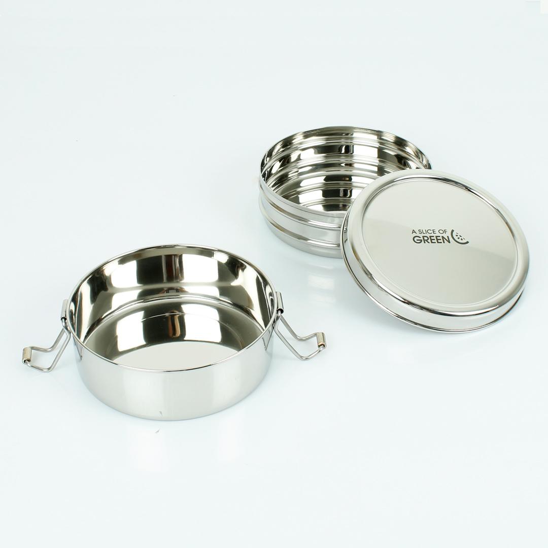 Two Tier Round Stainless Steel Lunchbox (Chapra) with lid off showing inside