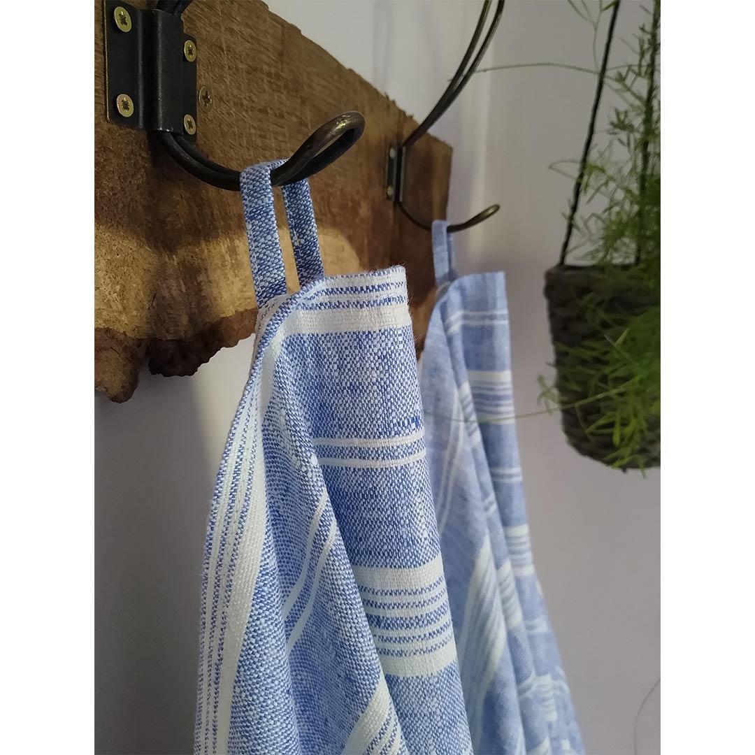 100% Linen Beach/Bath Towel -  Multistripe - Blue/White hanging in bathroom