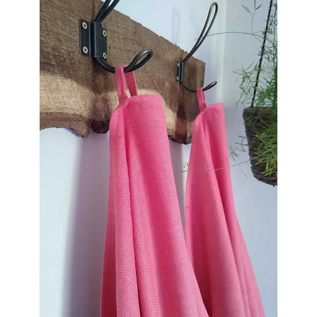 100% Linen Beach/Bath Towel - Lara Coral hanging in bathroom