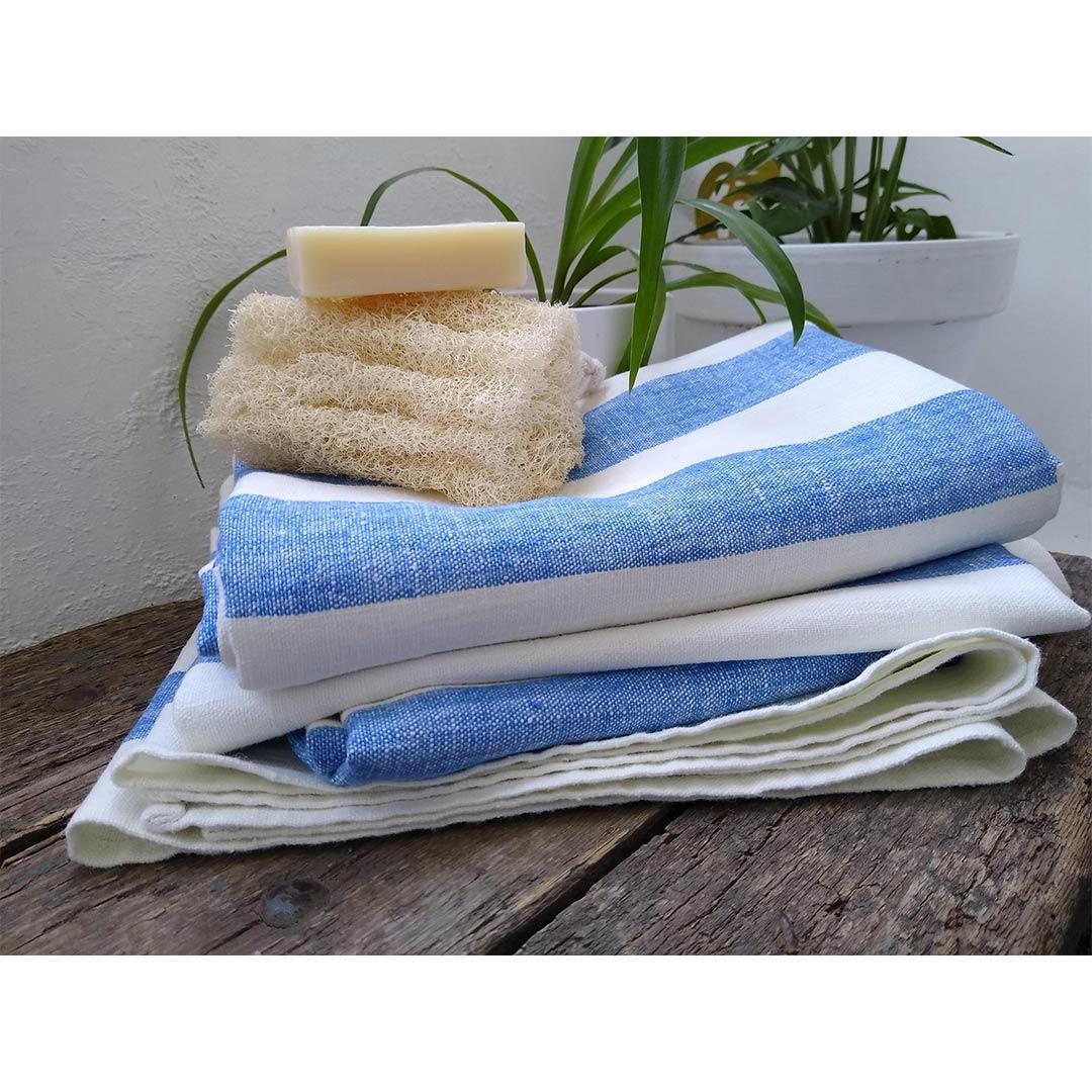 100% Linen Beach/Bath Towel - Philippe - Blue with body loofah