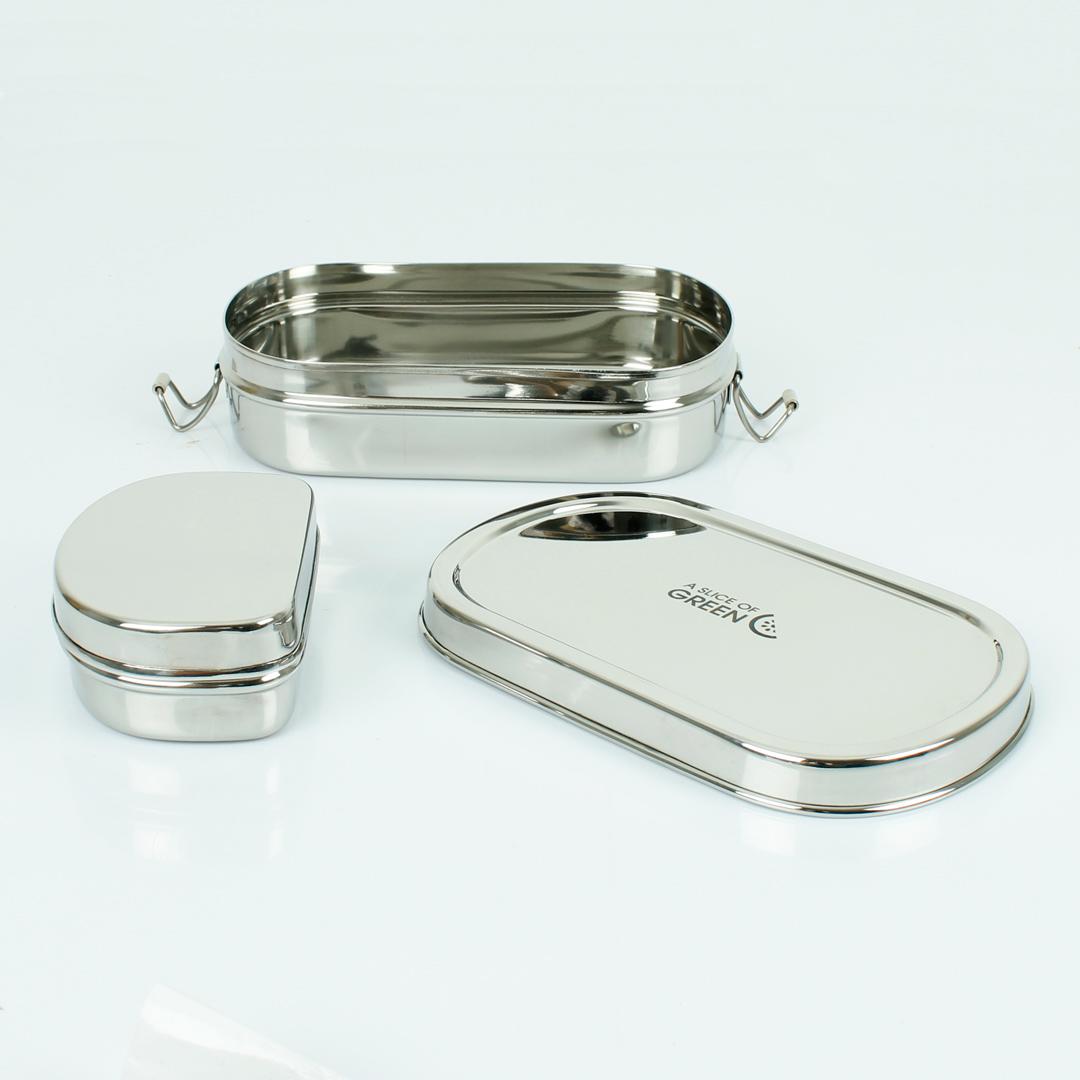 Oval Stainless Steel Lunchbox with mini container (Kangra) with lid off showing inside
