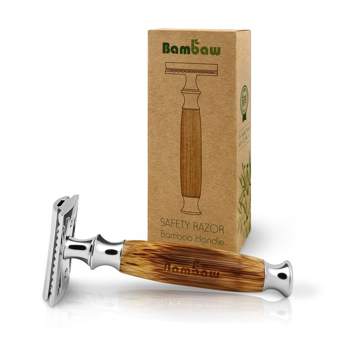 Bamboo & Steel Safety Razor - long handle in front of box