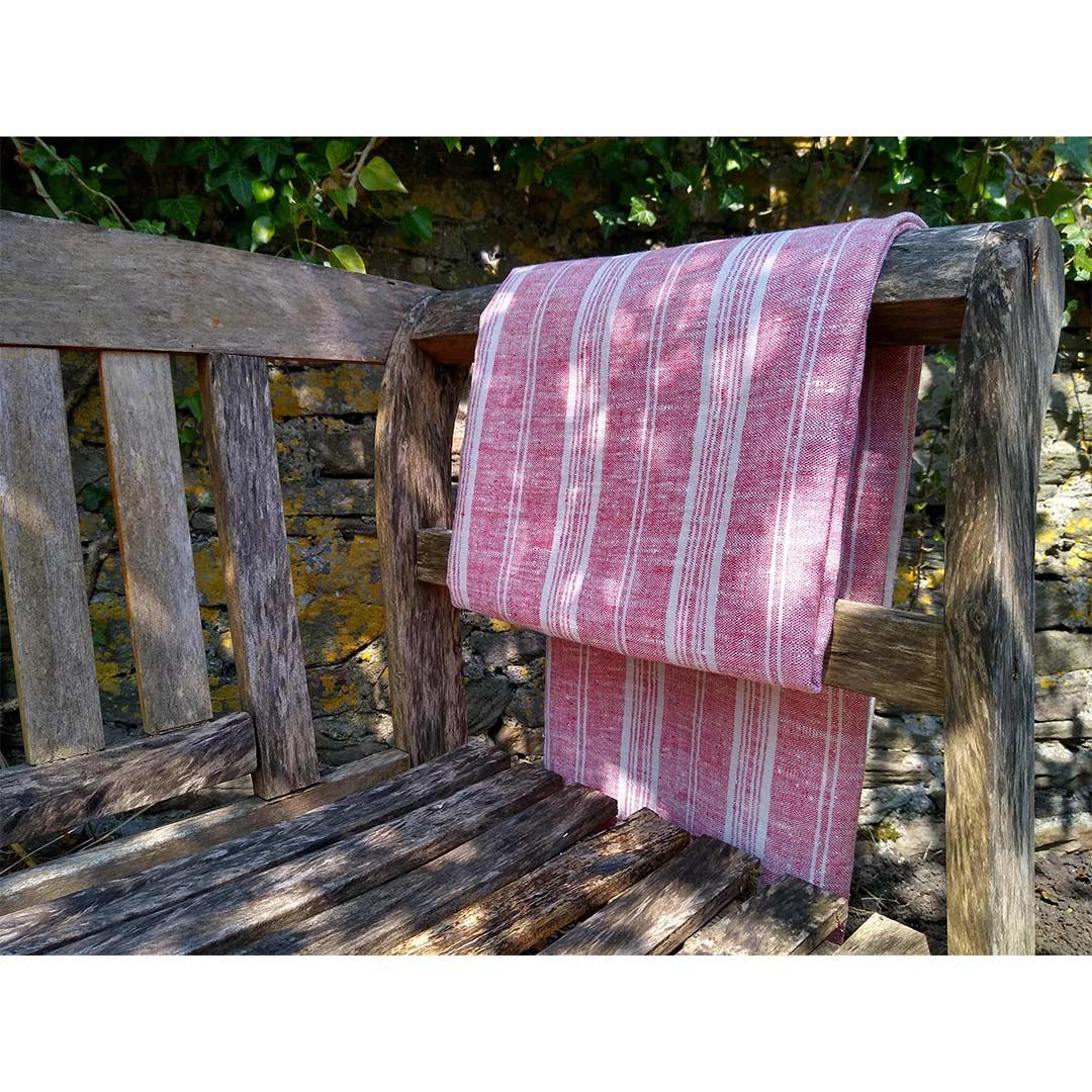100% Linen Beach/Bath Towel -  Multistripe - Red/White on bench