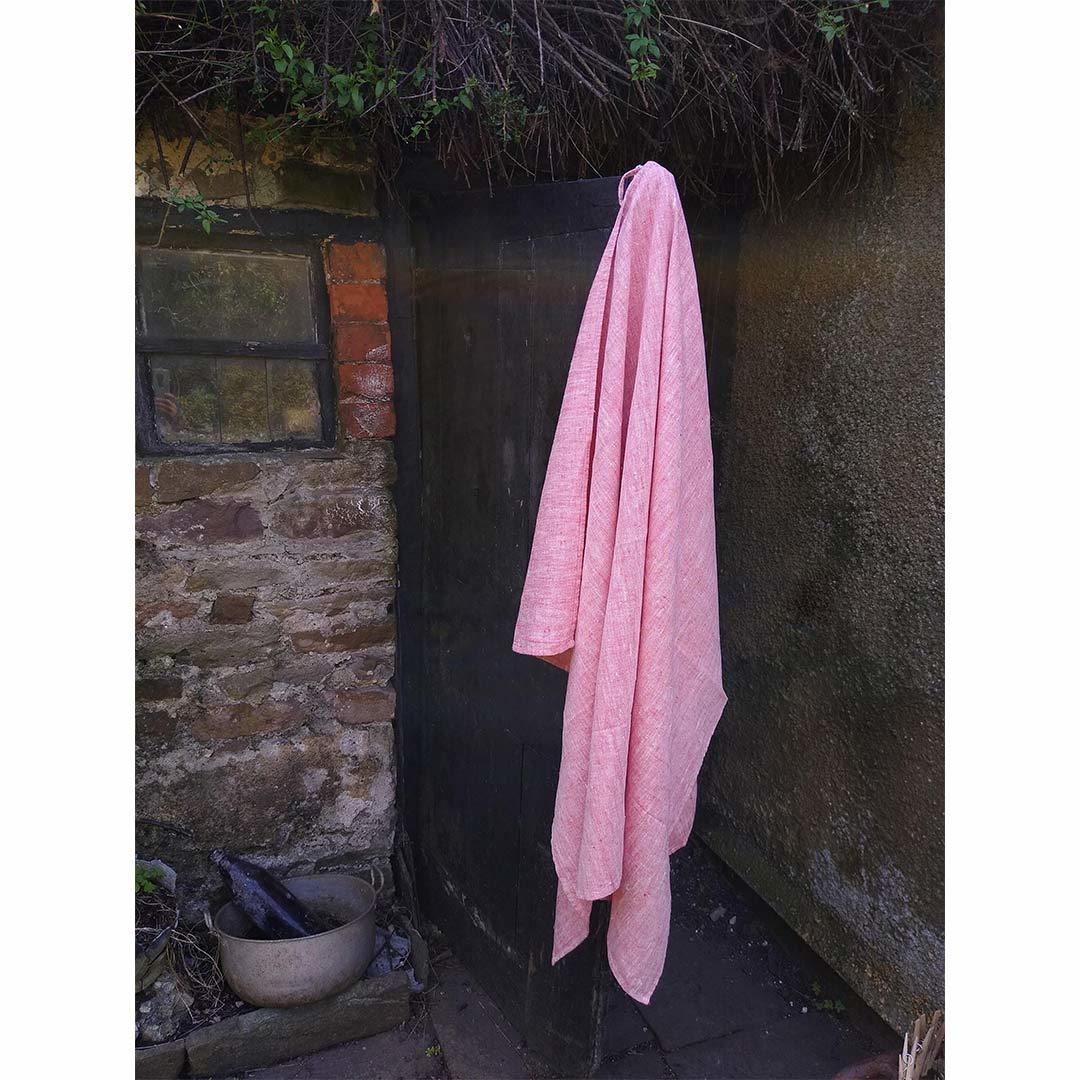 100% Linen Beach/Bath Towel - Francesca Red hanging on door