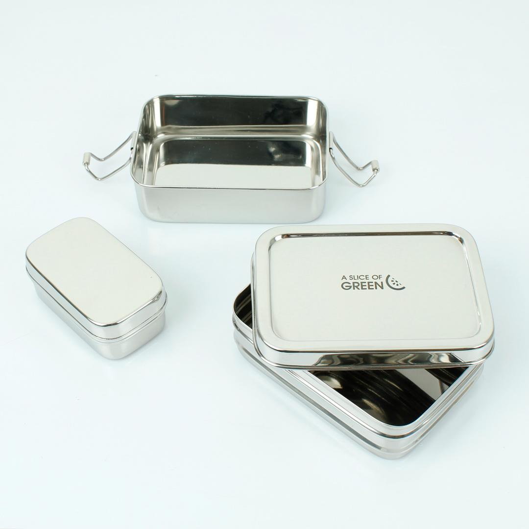 Two Tier Rectangle Stainless Steel Lunchbox with Mini Container (Panna) with lid off showing inside