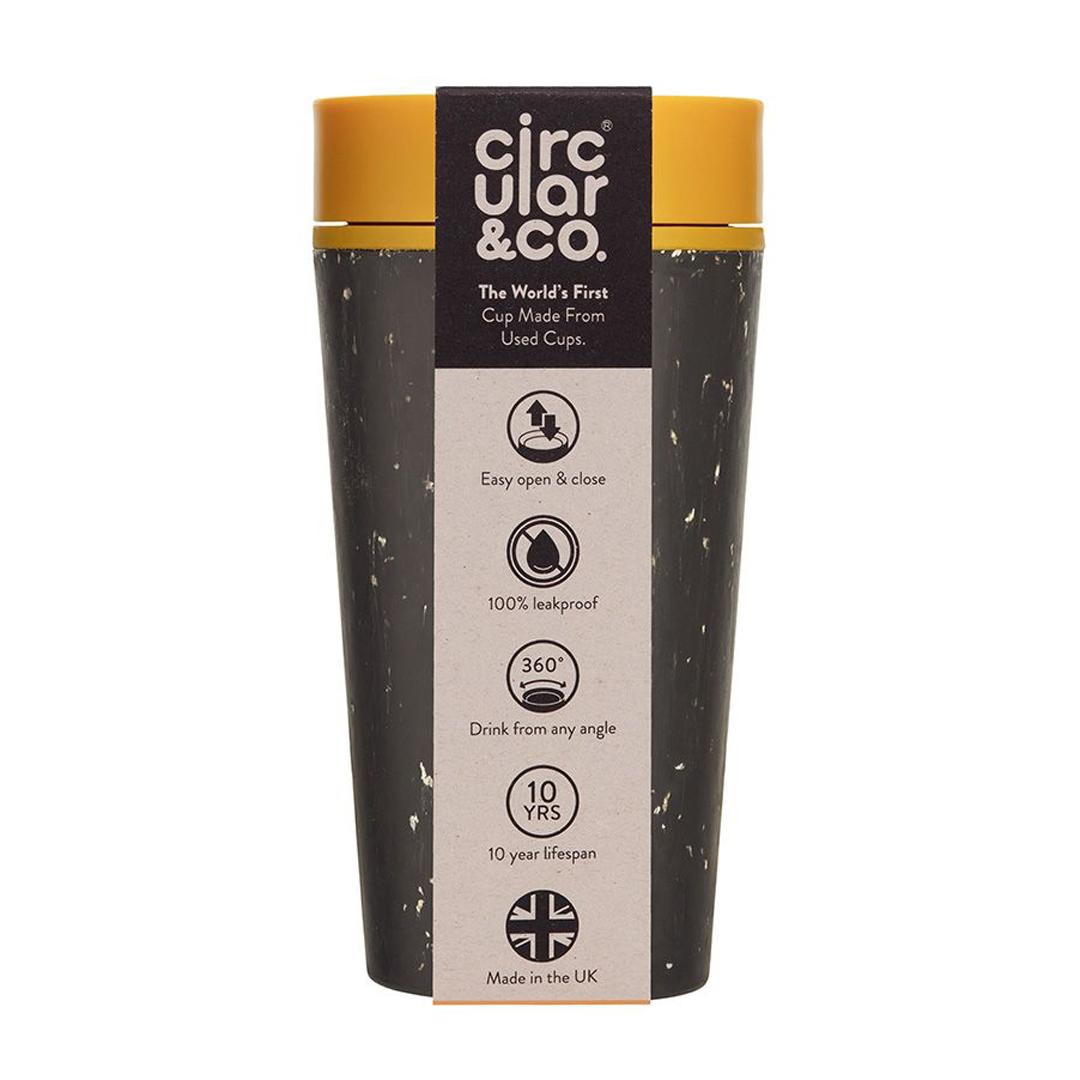 Circular&Co. Coffee Cup - 12oz - Black & Electric Mustard with packaging