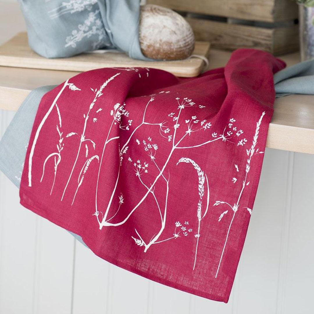 Hand Printed Linen Tea Towel - Hedgerow Collection - Raspberry