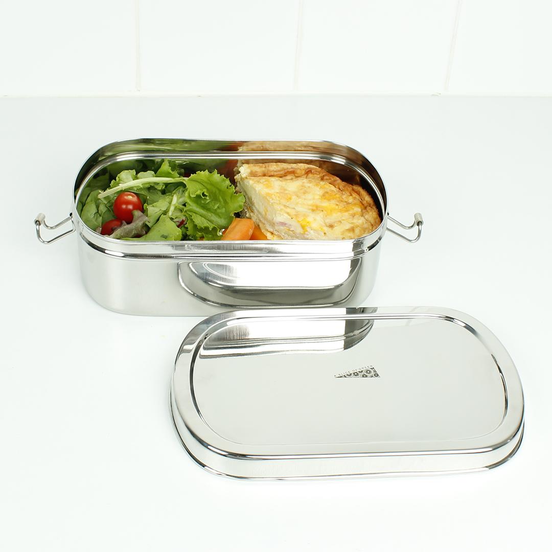 Extra Large Oval Stainless Steel Lunchbox (Surat) open with contents