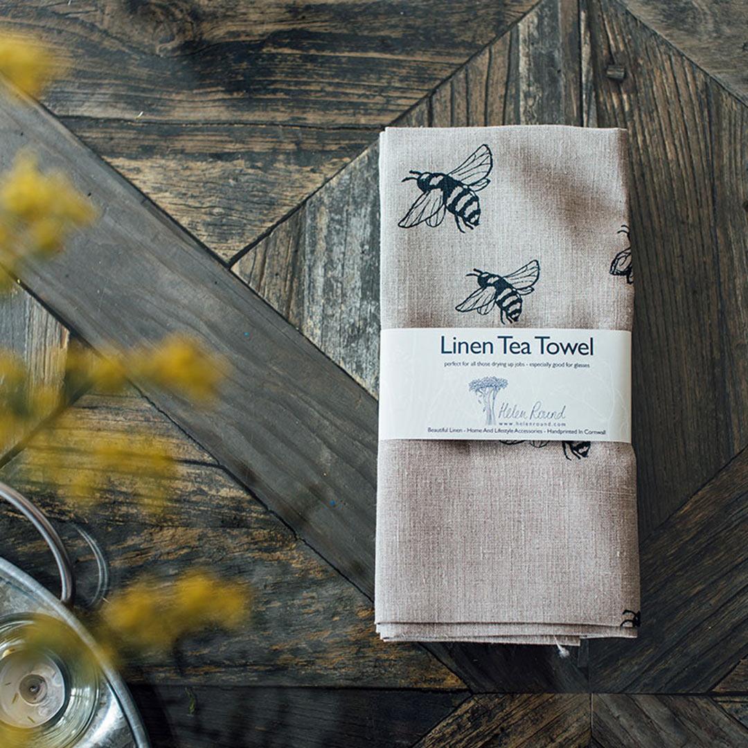 Hand Printed Linen Tea Towel - Honey Bee Collection folded and wrapped