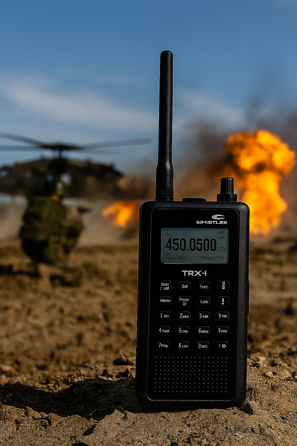 Whistler TRX-1E radio scanner with extended antenna on scorched ground