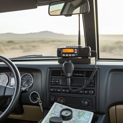"Icom IC-F5022 VHF mobile transceiver with hand microphone on neutral background"
