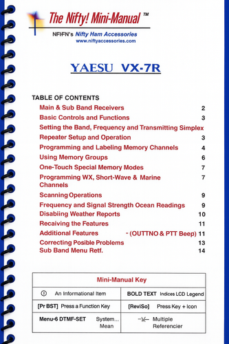 Nifty Mini‑Manual for Yaesu VX‑7R – Spiral-bound laminated guide with table of contents