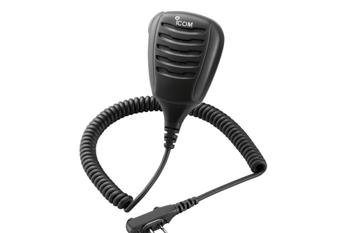 Icom handheld speaker microphone with coiled cord and dual-prong plug for PMR radios, photographed on white background