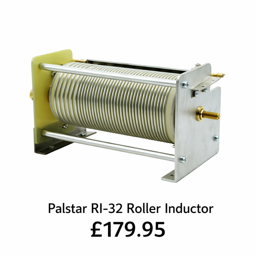 Palstar RI‑32 32µH silver‑plated ceramic roller inductor with fiberglass ends and tinned copper coil, displayed on white background with £179.95 price.
