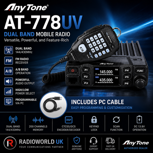 Anytone AT-778UV dual band mobile radio with PC programming cable Radioworld UK