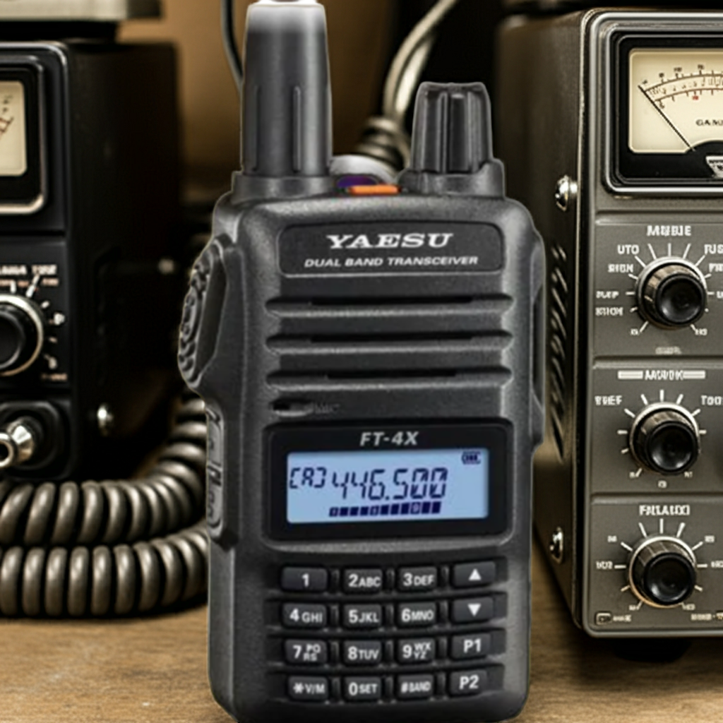 Yaesu FT-4XE 5W VHF/UHF FM transceiver with antenna attached