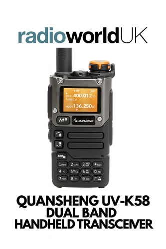 Radioworld UK branded image of Quansheng UV‑K58 dual band handheld transceiver with VHF/UHF display and keypad