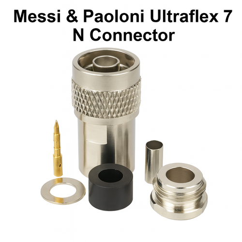 Messi & Paoloni Ultraflex 7 N‑Type connector – exploded view showing all components on white background – Radioworld UK