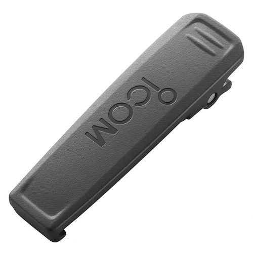 Icom spring-loaded belt clip for handheld PMR radios, black plastic with embossed branding, photographed on white background